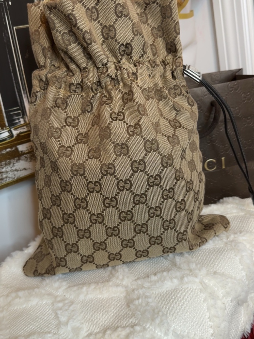 Gucci Brown/Tan GG Canvas Drawstring bucket bag